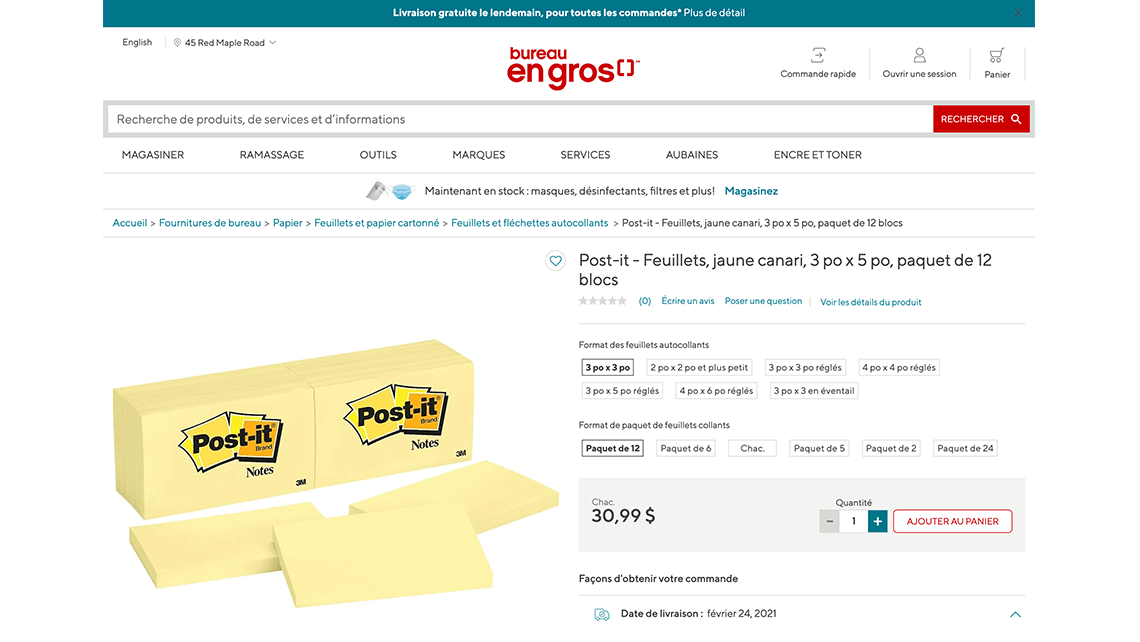 Staples product listing in French