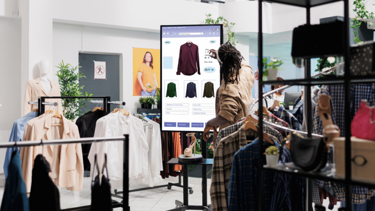 man shops on a large screen inside a clothing store